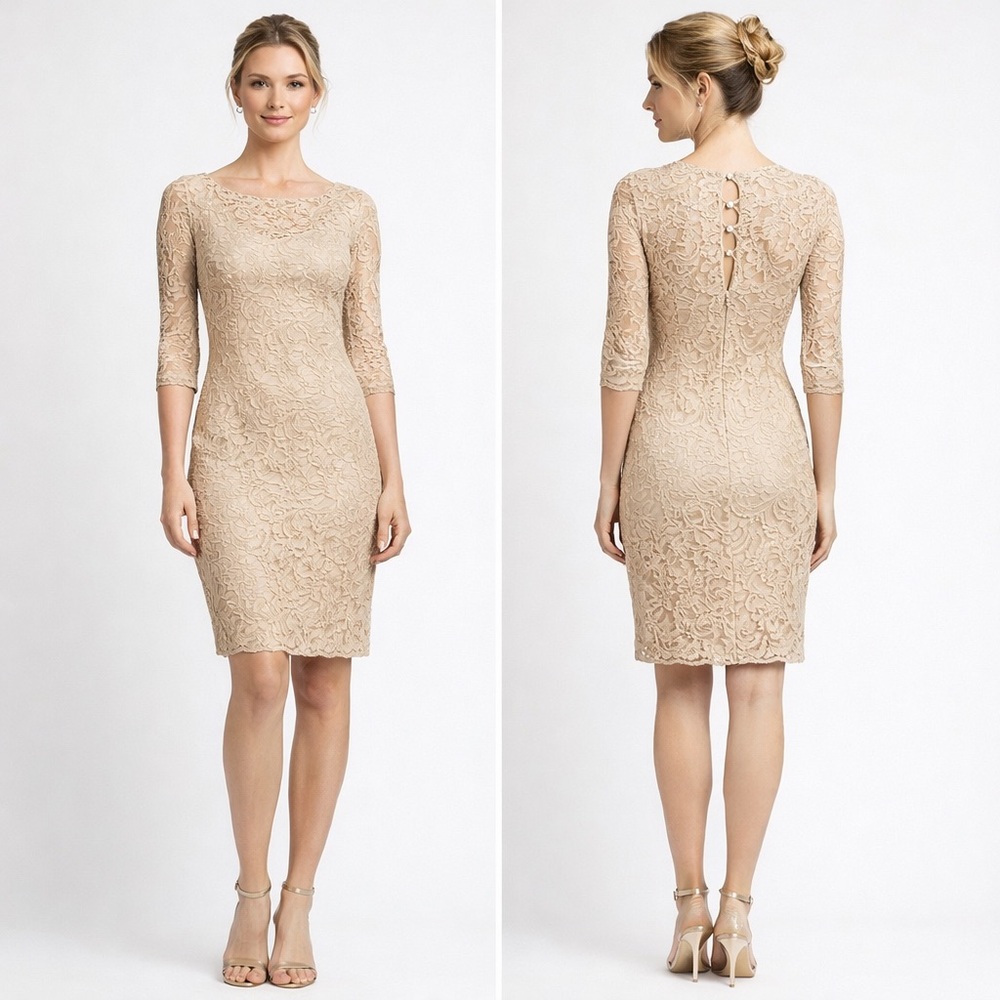 Belle Badgley Mischka Champagne Lace Bodycon Sheath Dress US 4 Wedding Guest